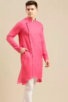 Sanwara Men's Pink Solid Cotton Ethnic Kurta