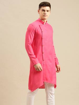 Sanwara Men's Pink Solid Cotton Ethnic Kurta 3