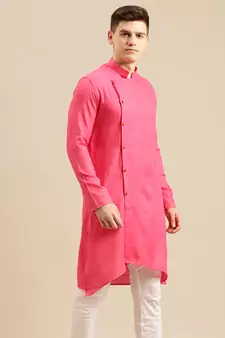 Sanwara Men's Pink Solid Cotton Ethnic Kurta