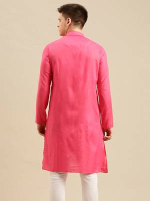 Sanwara Men's Pink Solid Cotton Ethnic Kurta 4