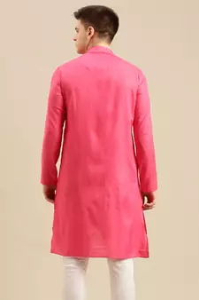 Sanwara Men's Pink Solid Cotton Ethnic Kurta