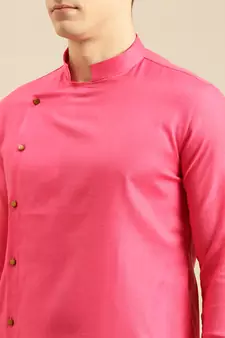 Sanwara Men's Pink Solid Cotton Ethnic Kurta