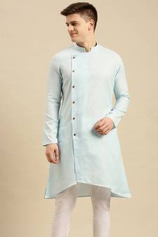 Sanwara Men's Sky Solid Cotton Ethnic Kurta