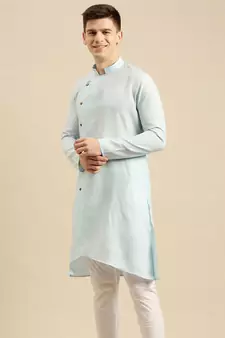 Sanwara Men's Sky Solid Cotton Ethnic Kurta