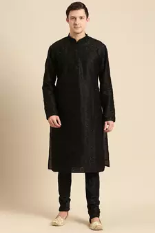 Sanwara Men's Black Embroidered Art Silk Ethnic Kurta