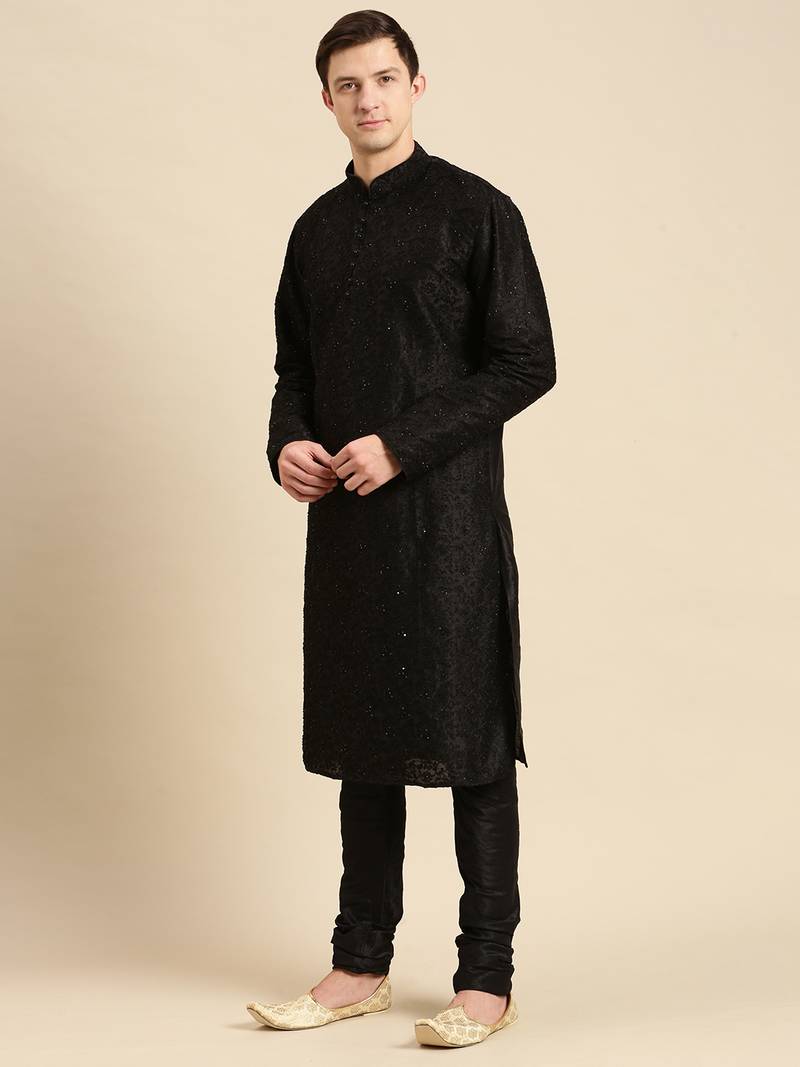 Sanwara Men's Black Embroidered Art Silk Ethnic Kurta
