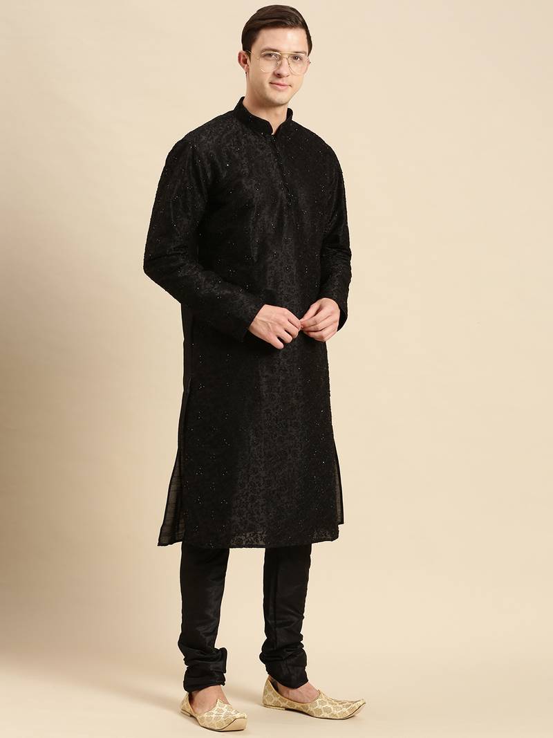 Sanwara Men's Black Embroidered Art Silk Ethnic Kurta