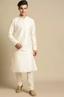 Sanwara Men's Cream Embroidered Art Silk Ethnic Kurta