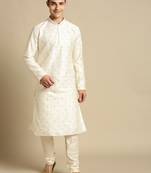 Sanwara Men's Cream Embroidered Art Silk Ethnic Kurta