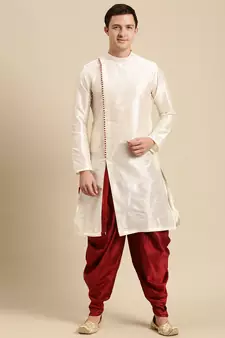 Sanwara Men's Cream Solid Art Silk Ethnic Kurta