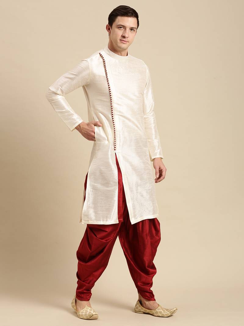Sanwara Men's Cream Solid Art Silk Ethnic Kurta