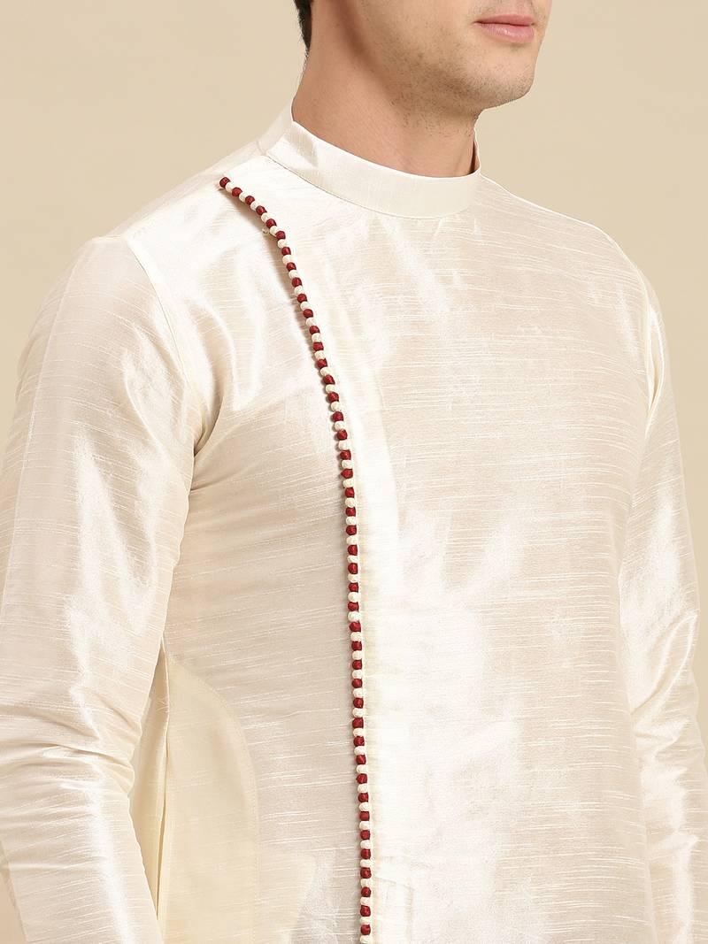 Sanwara Men's Cream Solid Art Silk Ethnic Kurta