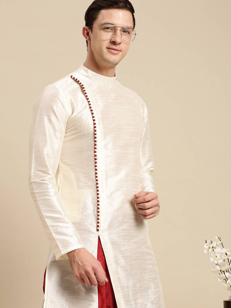 Sanwara Men's Cream Solid Art Silk Ethnic Kurta