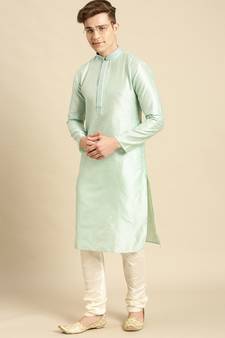 Sanwara Men's Light Rama Green Solid Art Silk Ethnic Kurta