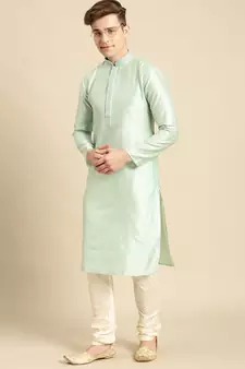 Sanwara Men's Light Rama Green Solid Art Silk Ethnic Kurta