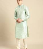 Sanwara Men's Light Rama Green Solid Art Silk Ethnic Kurta
