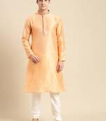Sanwara Men's Peach Solid Art Silk Ethnic Kurta