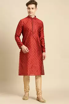 Sanwara Men's Red Solid Art Silk Ethnic Kurta