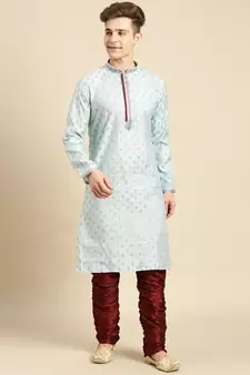Sanwara Men's Sky Solid Art Silk Ethnic Kurta