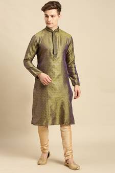 Sanwara Men's Deep Green Solid Art Silk Ethnic Kurta