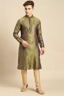 Sanwara Men's Deep Green Solid Art Silk Ethnic Kurta