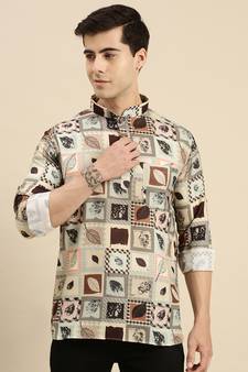 Sanwara Men Beige Printed Cotton Rolled Up Sleeves Short Kurta PR1
