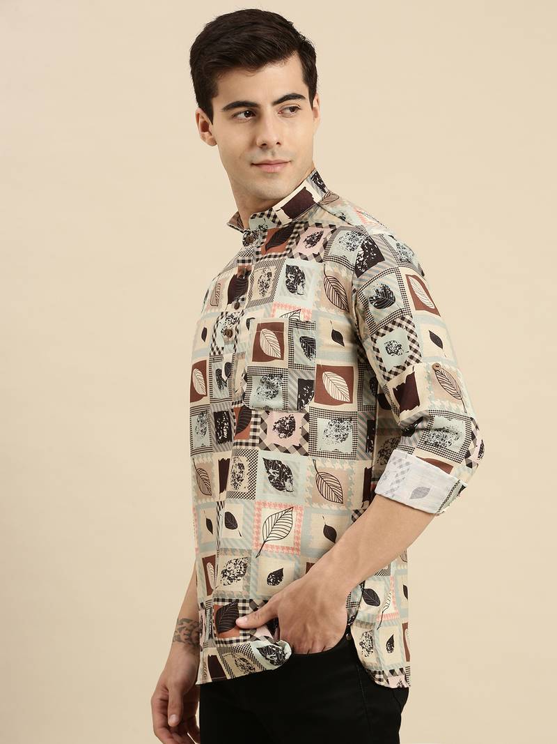Sanwara Men Beige Printed Cotton Rolled Up Sleeves Short Kurta PR1