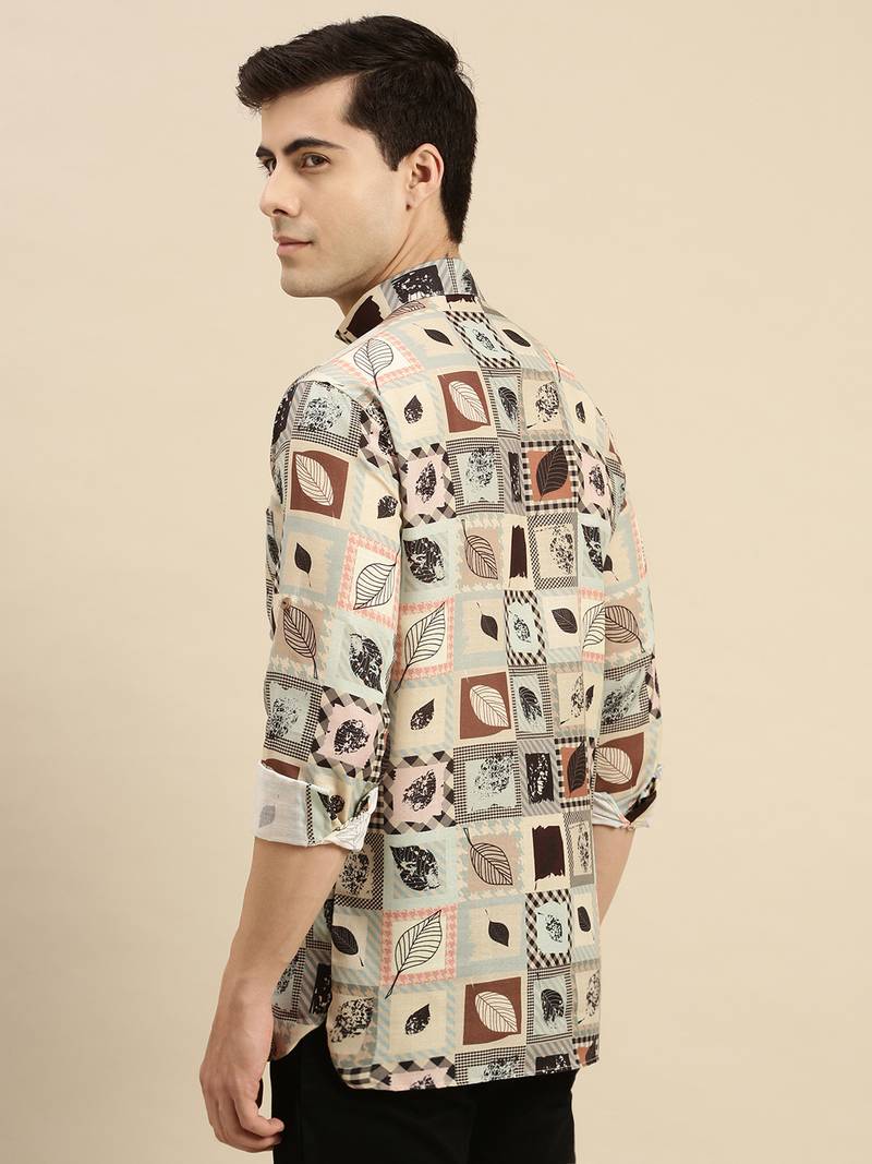 Sanwara Men Beige Printed Cotton Rolled Up Sleeves Short Kurta PR1