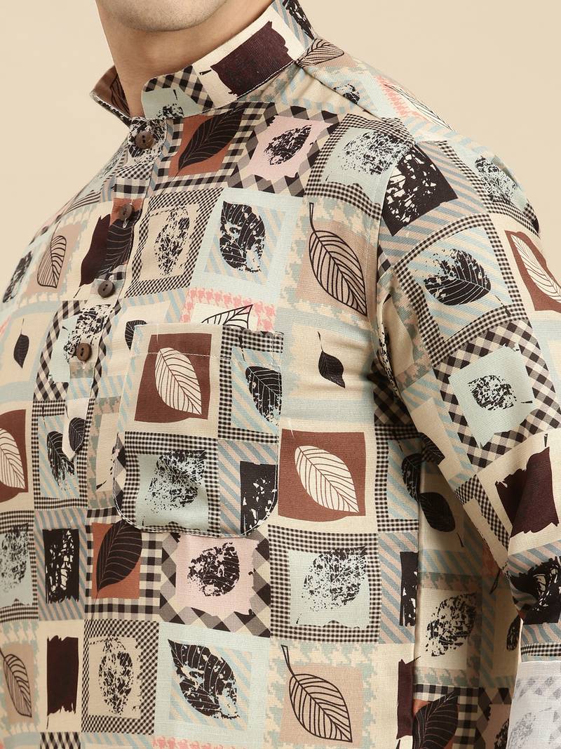 Sanwara Men Beige Printed Cotton Rolled Up Sleeves Short Kurta PR1
