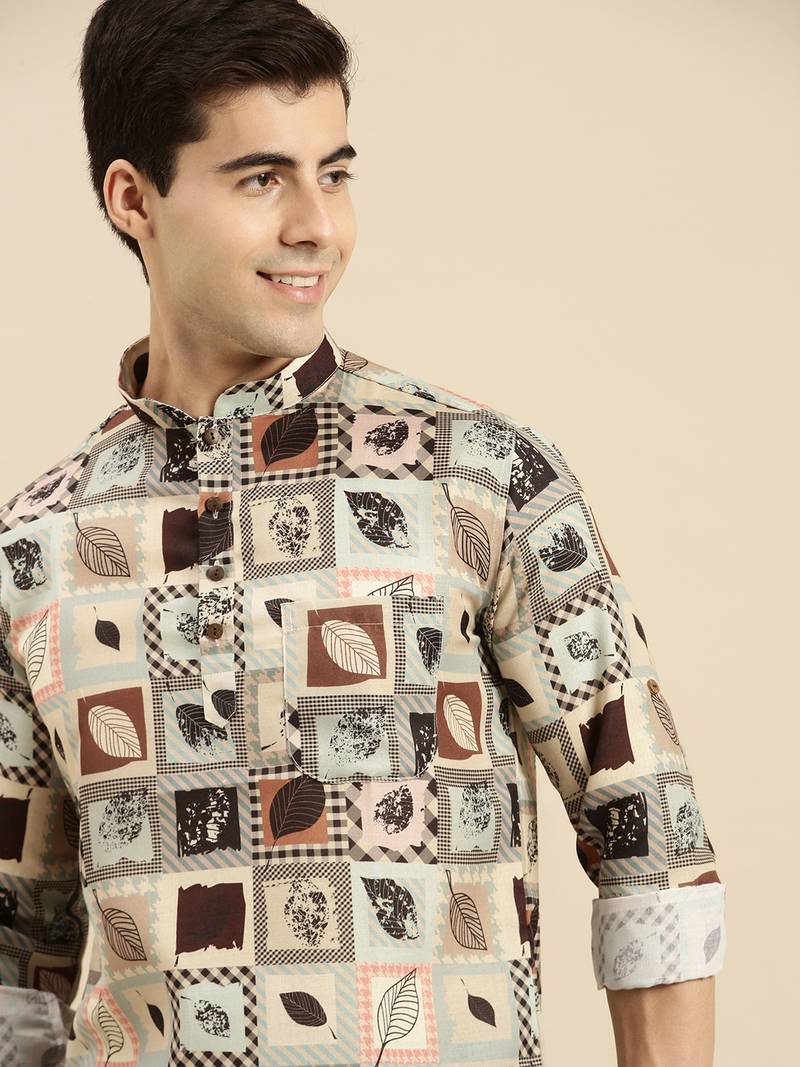 Sanwara Men Beige Printed Cotton Rolled Up Sleeves Short Kurta PR1