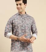 Sanwara Men Grey Printed Cotton Rolled Up Sleeves Short Kurta PR20
