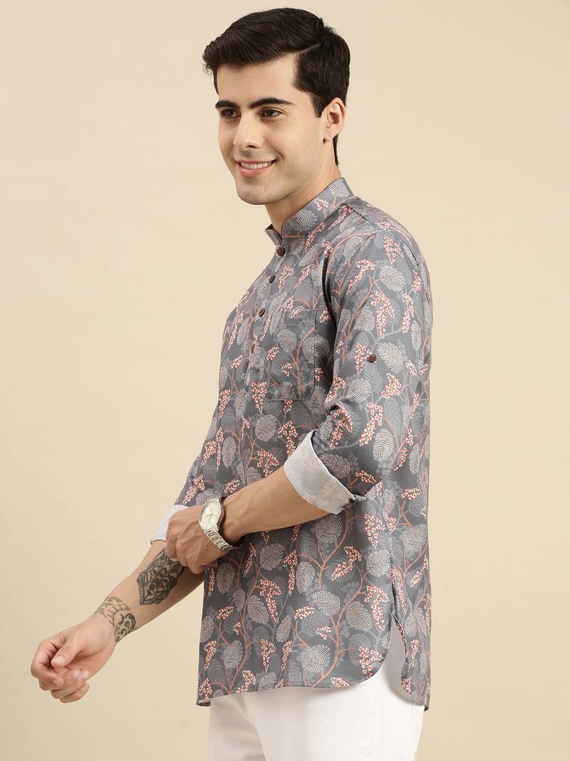 Sanwara Men Grey Printed Cotton Rolled Up Sleeves Short Kurta PR20