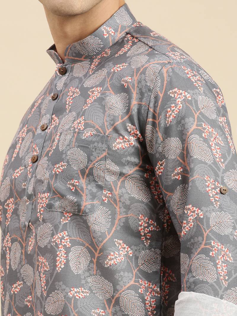 Sanwara Men Grey Printed Cotton Rolled Up Sleeves Short Kurta PR20