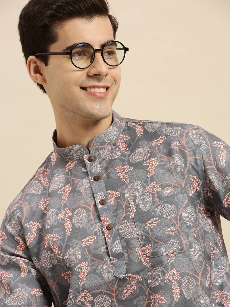Sanwara Men Grey Printed Cotton Rolled Up Sleeves Short Kurta PR20