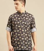 Sanwara Men Deep Blue Printed Cotton Rolled Up Sleeves Short Kurta PR23