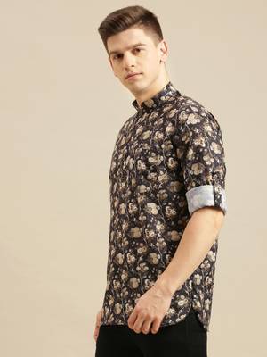 Sanwara Men Deep Blue Printed Cotton Rolled Up Sleeves Short Kurta PR23 2