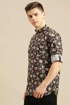 Sanwara Men Deep Blue Printed Cotton Rolled Up Sleeves Short Kurta PR23