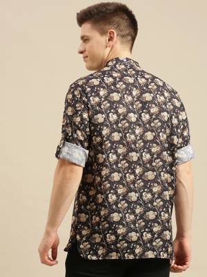 Sanwara Men Deep Blue Printed Cotton Rolled Up Sleeves Short Kurta PR23 3