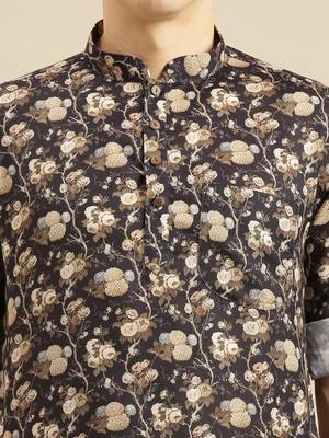 Sanwara Men Deep Blue Printed Cotton Rolled Up Sleeves Short Kurta PR23 4