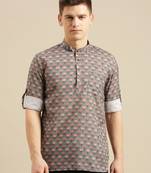 Sanwara Men Rama Green Printed Cotton Rolled Up Sleeves Short Kurta PR24