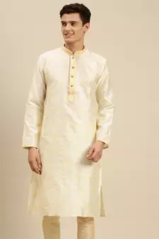 Sanwara Men Cream Jacquard Woven Design Kurta