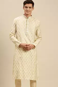 Sanwara Men Light Cream Jacquard Woven Design Kurta