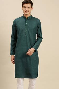 Sanwara Men Fourleaf Green Cotton Chikankari Embroidery Kurta