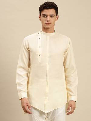 Sanwara Men Solid Beige Cotton Short Kurta 1