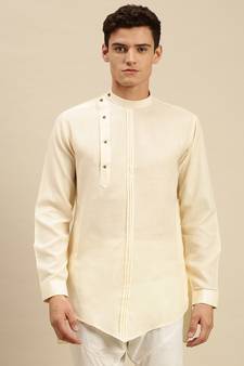 Sanwara Men Solid Beige Cotton Short Kurta