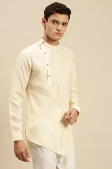 Sanwara Men Solid Beige Cotton Short Kurta