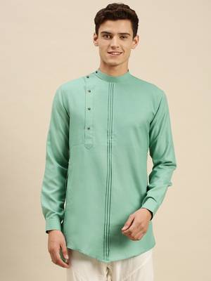 Sanwara Men Solid Jade Green Cotton Short Kurta 1