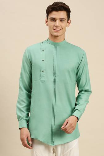 Sanwara Men Solid Jade Green Cotton Short Kurta
