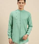 Sanwara Men Solid Jade Green Cotton Short Kurta