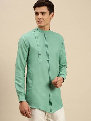 Sanwara Men Solid Jade Green Cotton Short Kurta 2